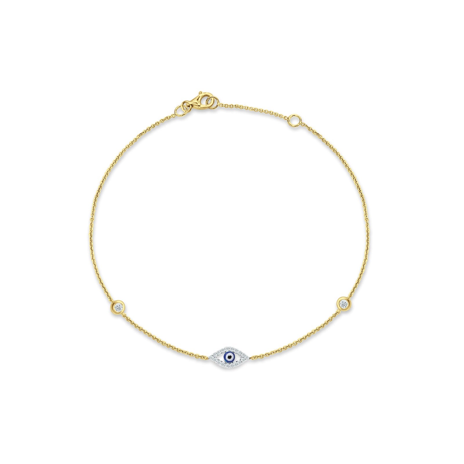 14K Yellow Gold 7" Link Chain Evil Eye Bracelet Round Natural Diamond Wholesale