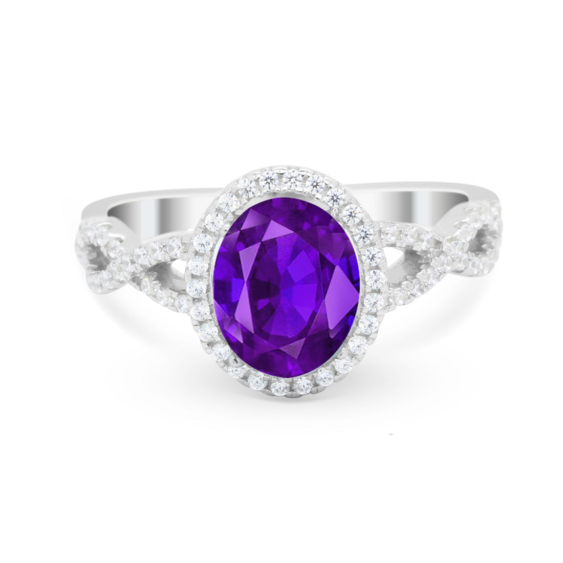 Oval Amethyst CZ Halo Twisted Ring 925 Sterling Silver Wholesale