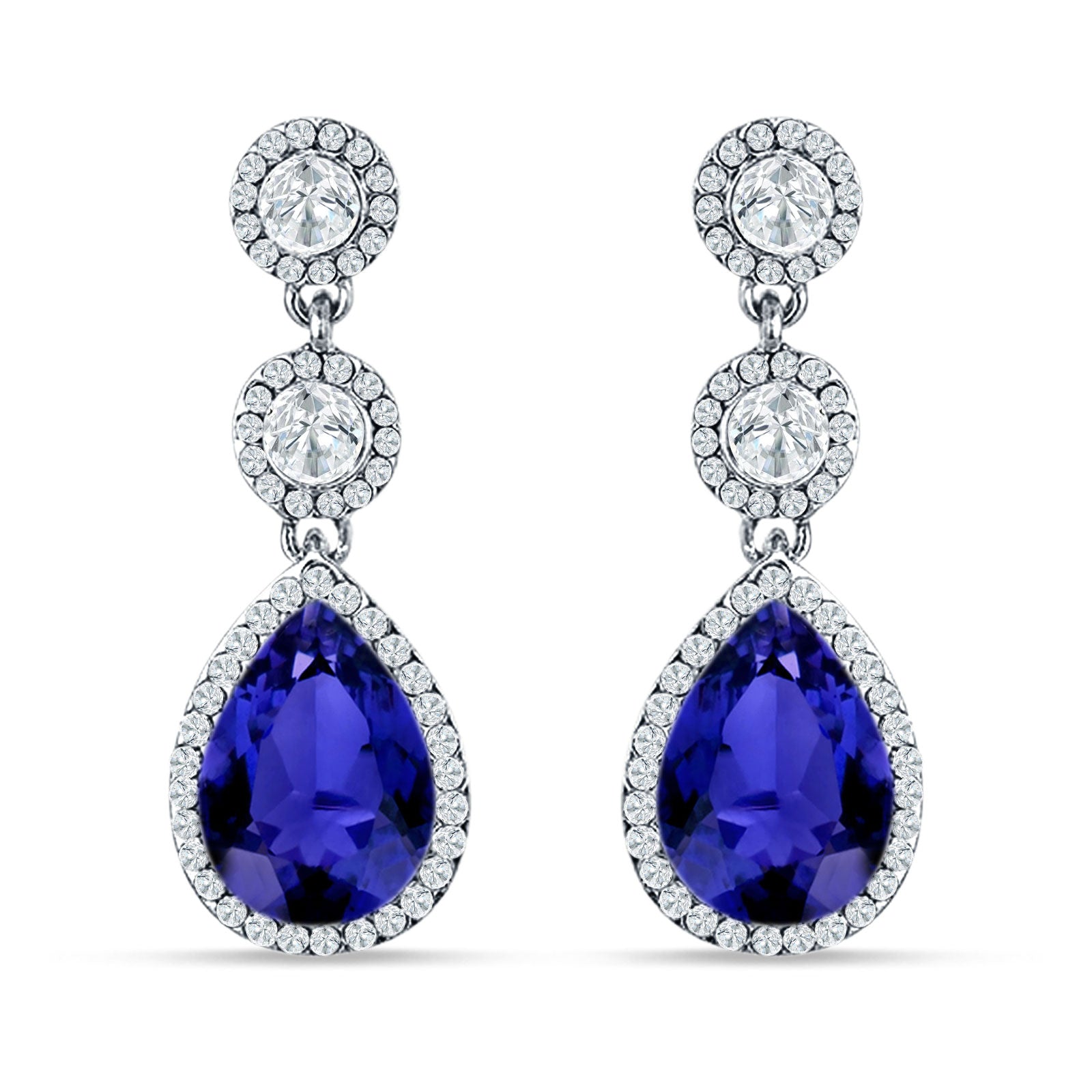 Pear Teardrop Halo Drop Dangle Earring Blue Sapphire CZ 925 Sterling Silver Wholesale