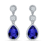 Pear Teardrop Halo Drop Dangle Earring Blue Sapphire CZ 925 Sterling Silver Wholesale