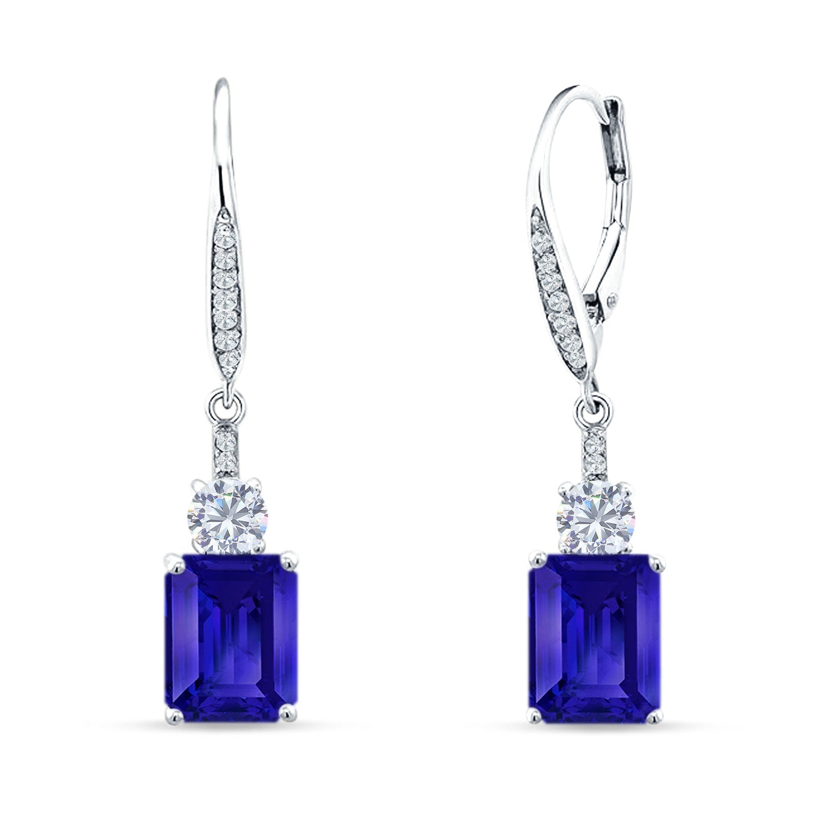 Emerald Cut Oblong Drop Dangle Leverback Earring Blue Sapphire CZ 925 Sterling Silver