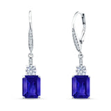 Emerald Cut Oblong Drop Dangle Leverback Earring Blue Sapphire CZ 925 Sterling Silver