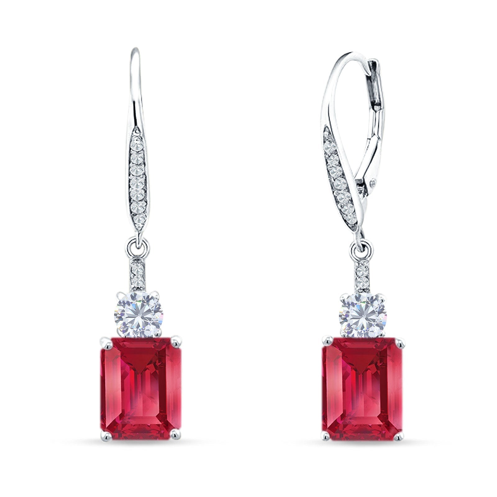 Emerald Cut Oblong Drop Dangle Leverback Earring Ruby CZ 925 Sterling Silver