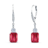 Emerald Cut Oblong Drop Dangle Leverback Earring Ruby CZ 925 Sterling Silver