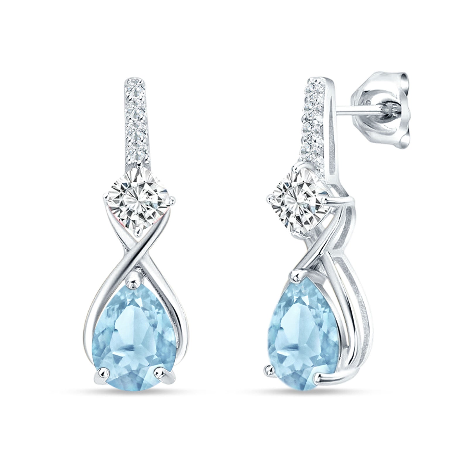 Pear Teardrop Twisted Infinity Stud Earring Aquamarine CZ 925 Sterling Silver Wholesale