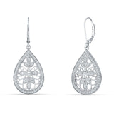 Pear Teardrop Filigree Drop Dangle Leverback Earring Cubic Zirconia 925 Sterling Silver