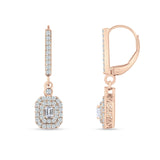 Emerald Cut Cluster CZ Dangle Hoop Leverback Earrings Rose Tone 925 Sterling Silver