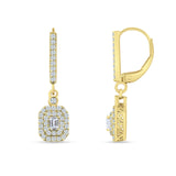 Emerald Cut Cluster CZ Dangle Hoop Leverback Earrings Yellow Tone 925 Sterling Silver