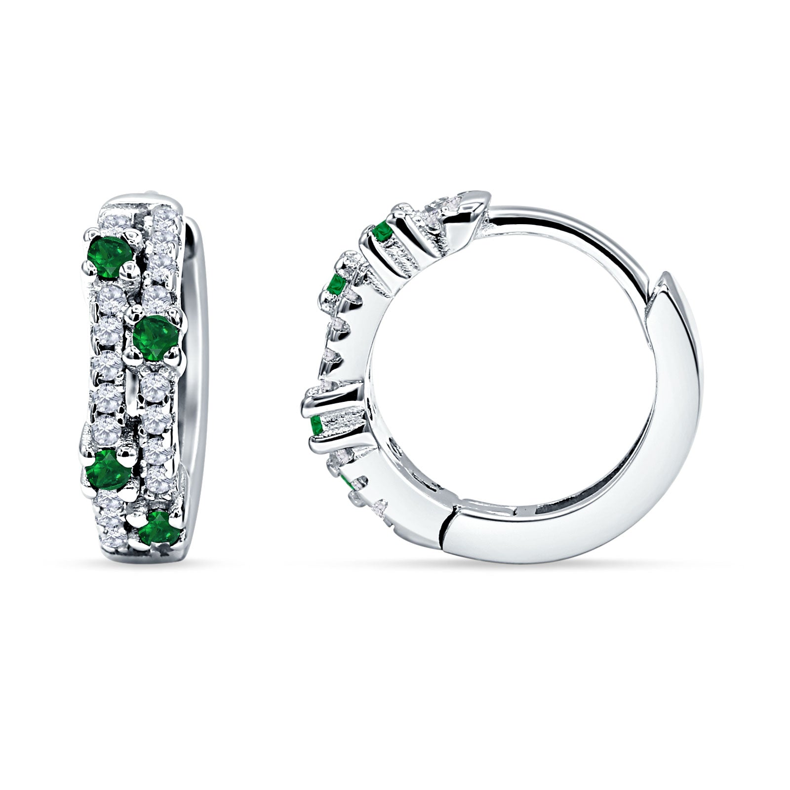 Round CZ & Green Emerald CZ Huggie Hoop Earrings 925 Sterling Silver Wholesale