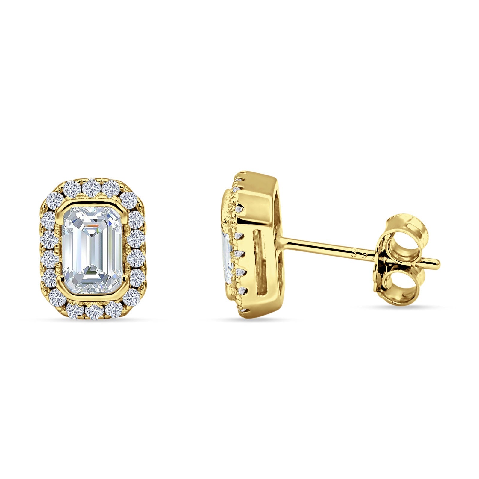 Emerald Cut CZ Halo Stud Earrings Yellow Tone 925 Sterling Silver Wholesale