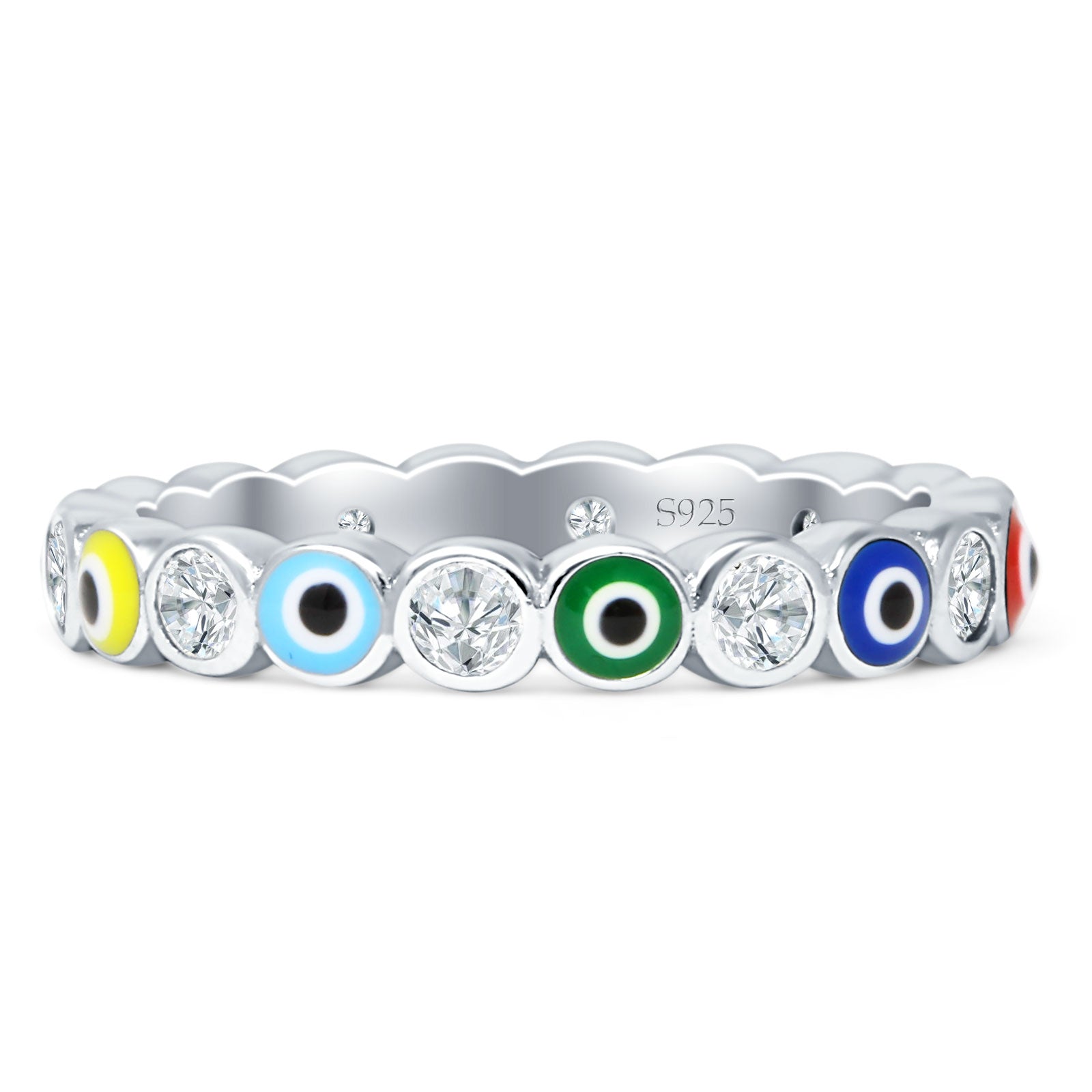 Stackable Full Eternity 3mm Evil Eye Rings Cubic Zirconia 925 Sterling Silver Wholesale