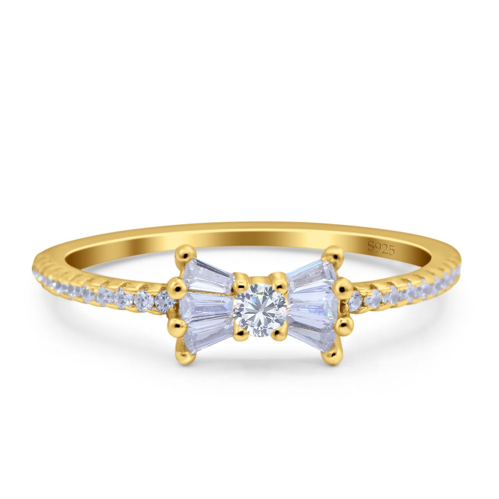 Ribbon Bow Ring Baguette Cubic Zirconia Yellow Tone 925 Sterling Silver