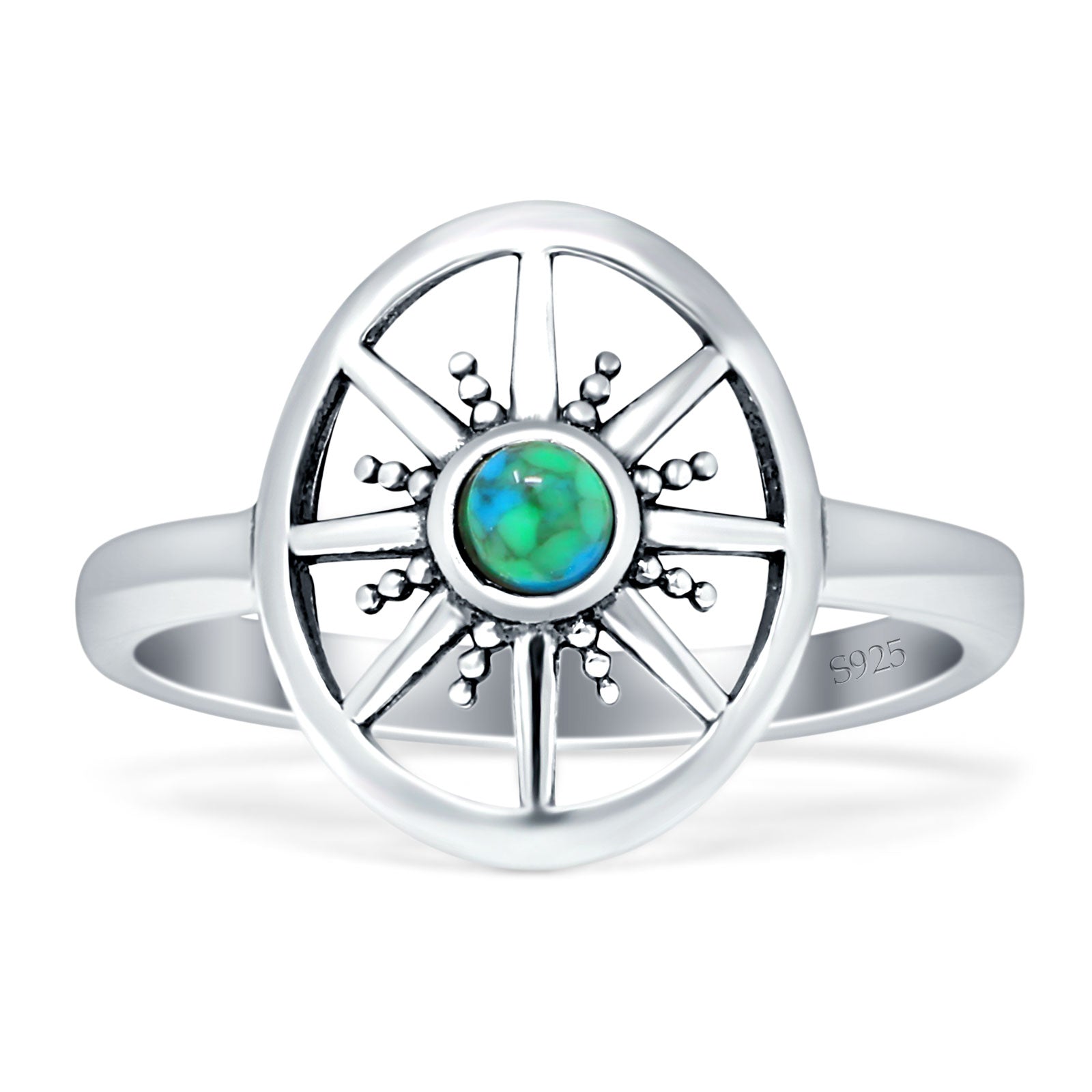 Turquoise Round 14mm Compass Ring Oxidized 925 Sterling Silver Wholesale