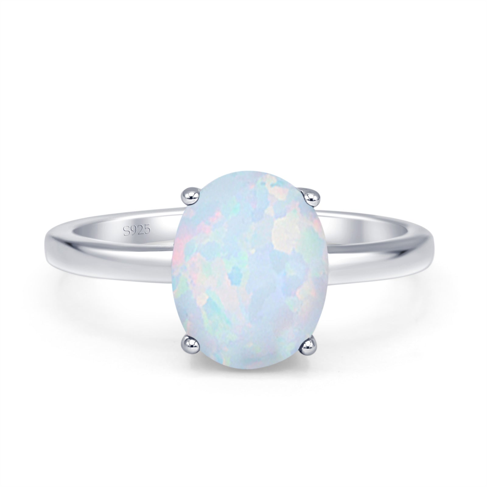 Solitaire Engagement Ring Oval Lab Created White Opal 925 Sterling Silver