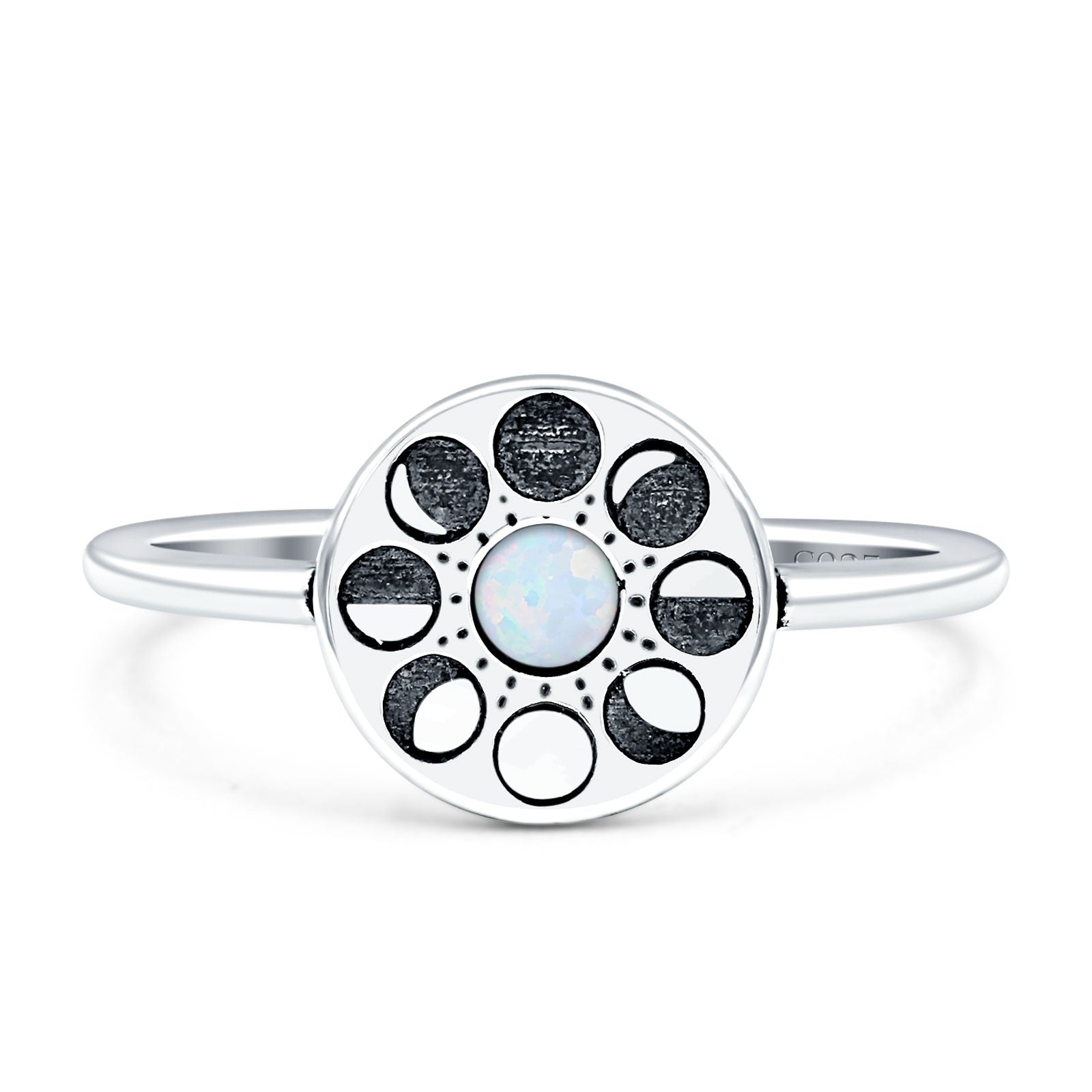 Moon Phases Ring 10mm Oxidized Round Lab Created White Opal 925 Sterling Silver Wholesale