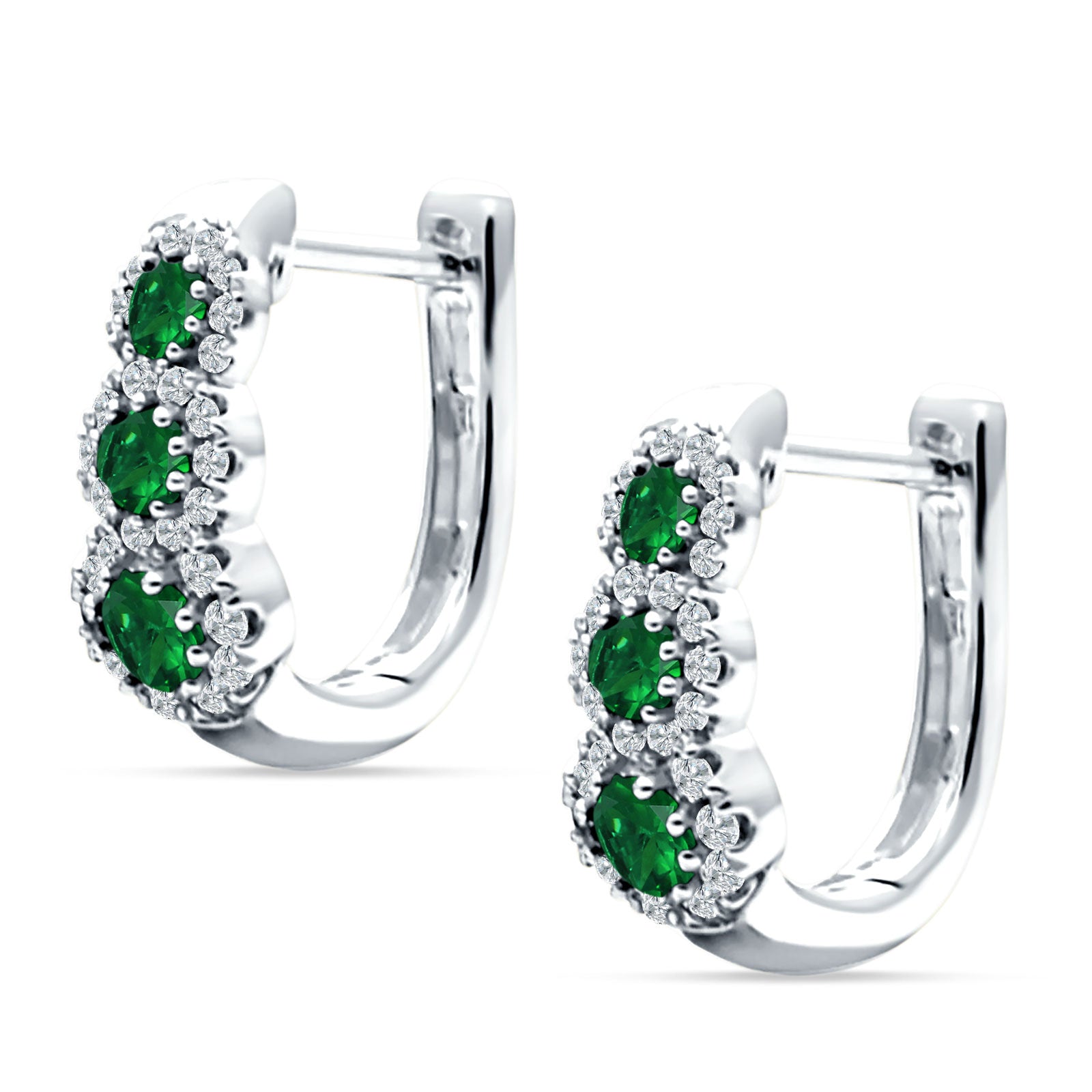 Three Round Halo Floral Hoop Earring Green Emerald CZ 925 Sterling Silver Wholesale
