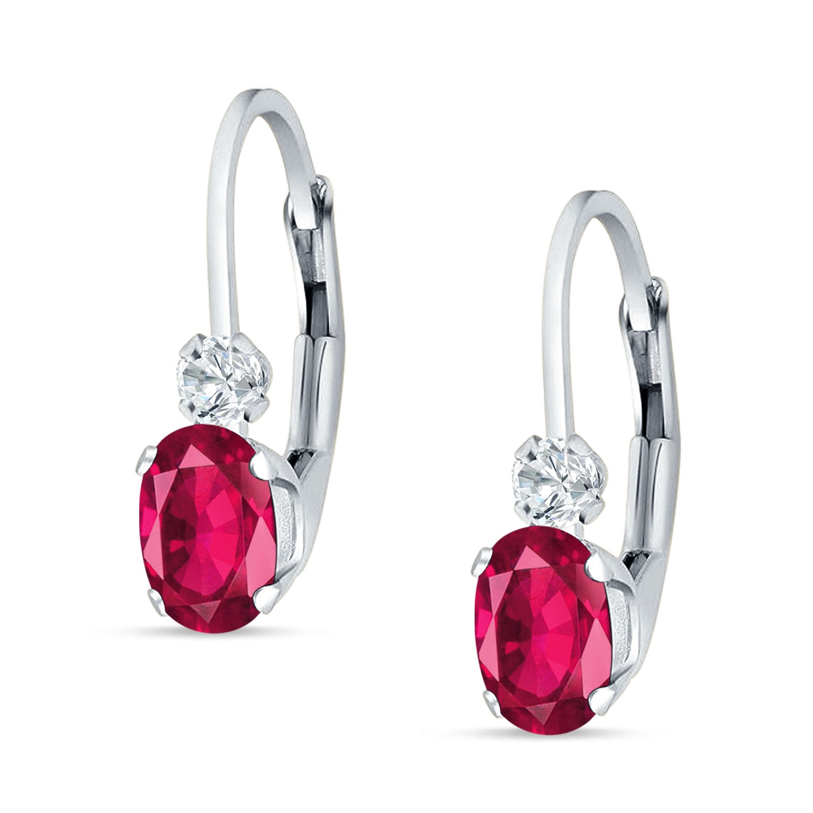 Oval Drop Dangle Charm Leverback Earring Ruby CZ 925 Sterling Silver