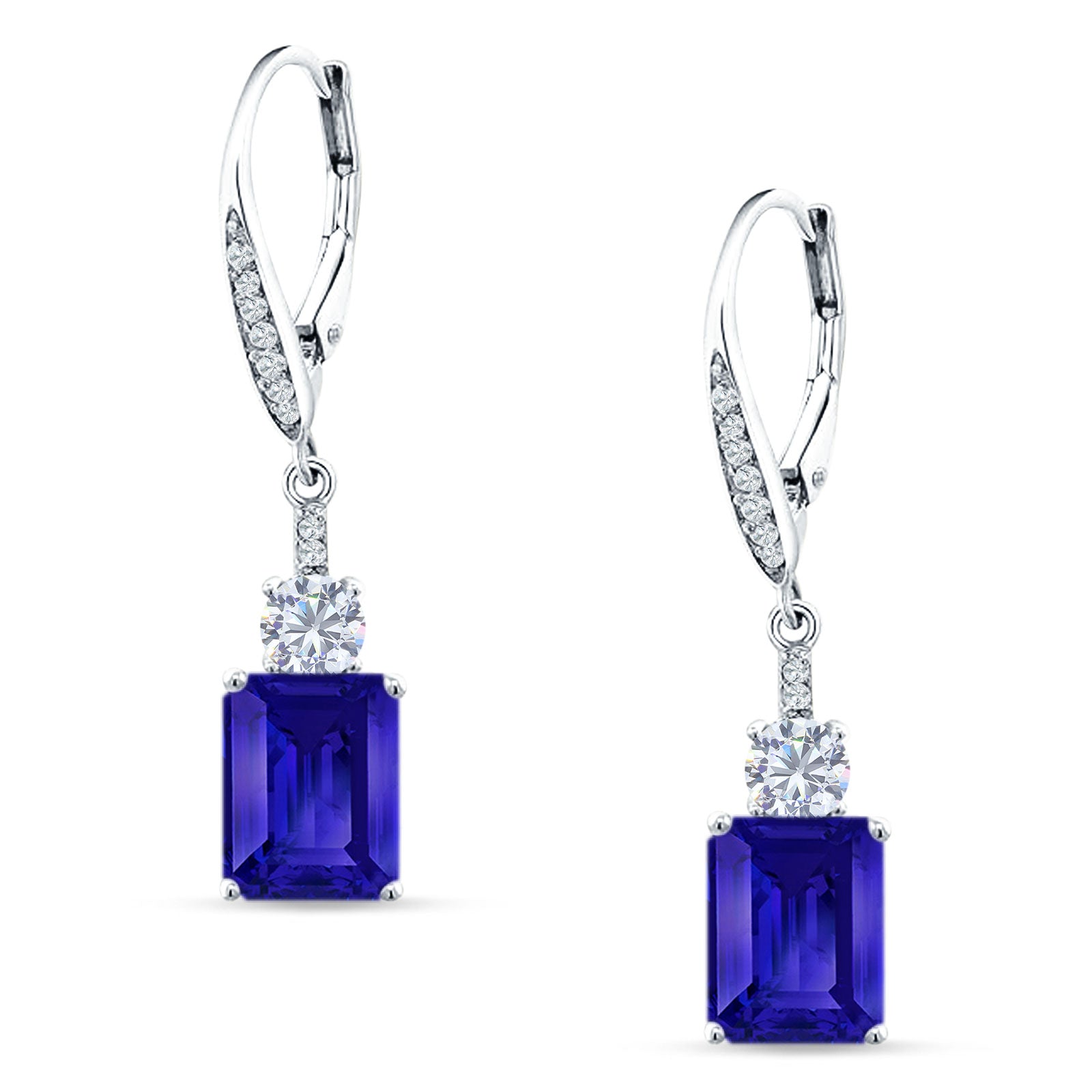 Emerald Cut Oblong Drop Dangle Leverback Earring Blue Sapphire CZ 925 Sterling Silver