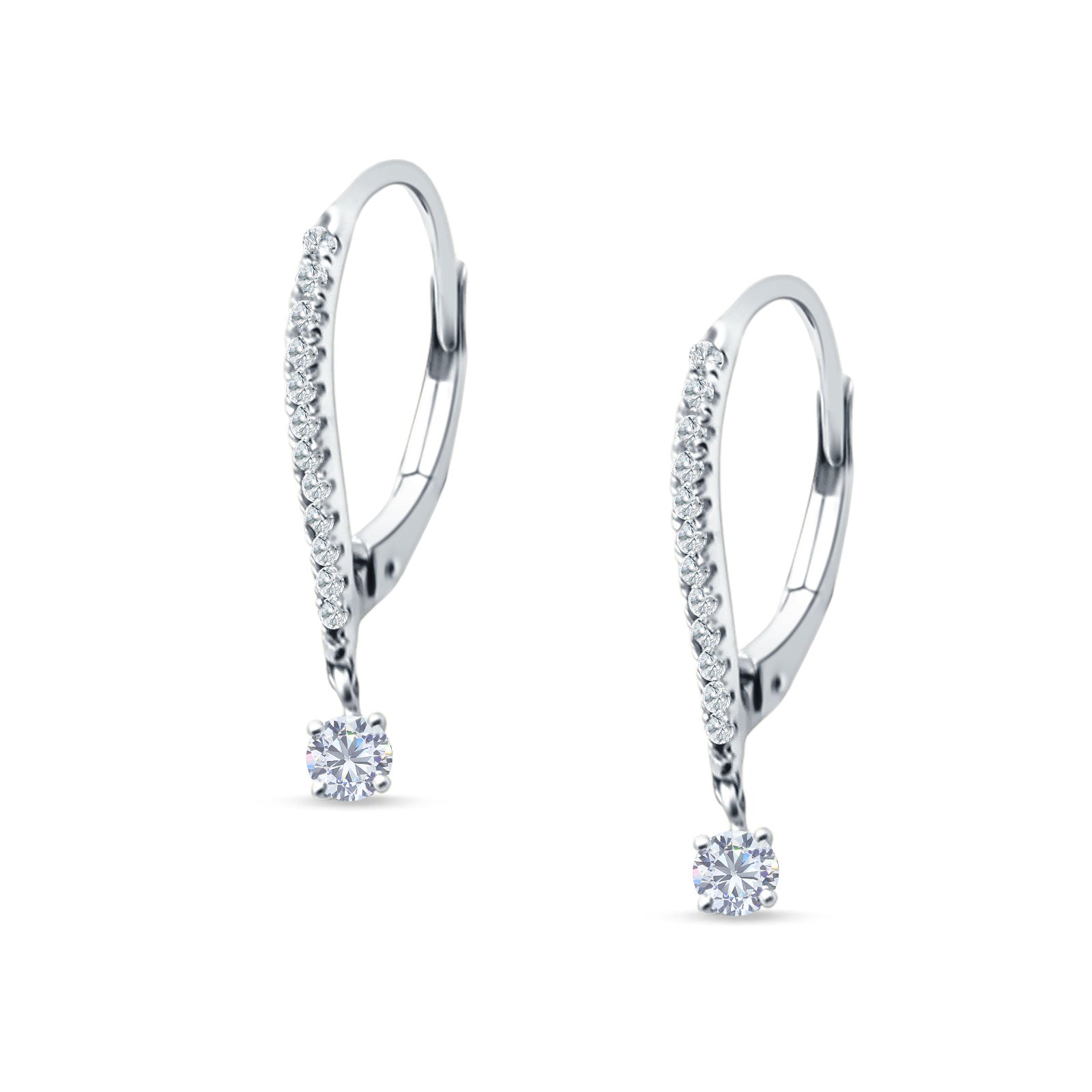 Round Cubic Zirconia Dangle Hoop Leverback Earrings 925 Sterling Silver