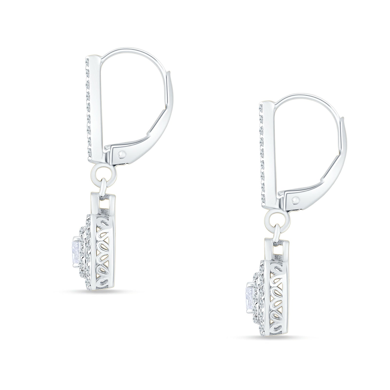 Emerald Cut Cluster CZ Dangle Hoop Leverback Earrings 925 Sterling Silver