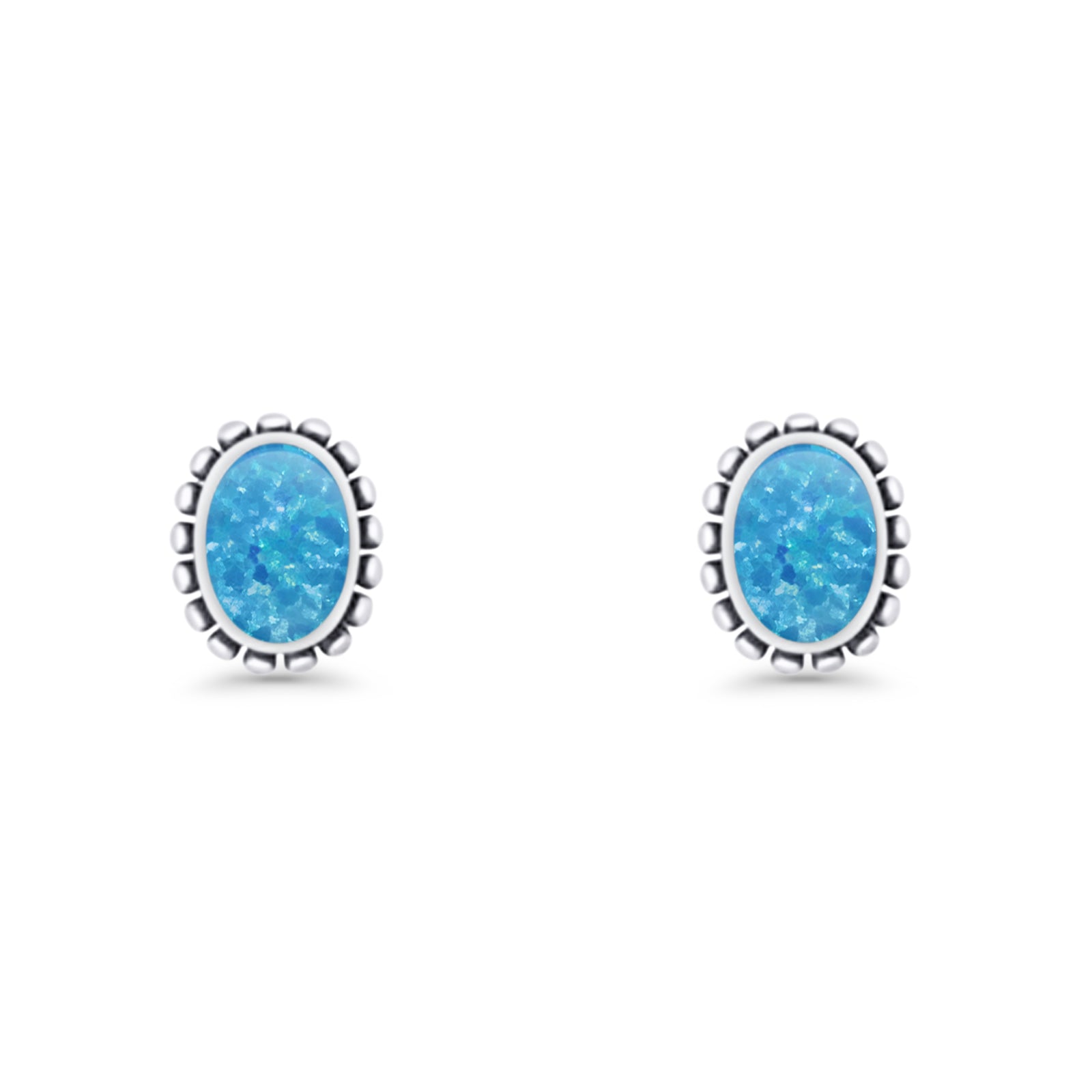 Oval Solitaire 6.8mm Beaded Stud Earring Lab Created Blue Opal 925 Sterling Silver Wholesale