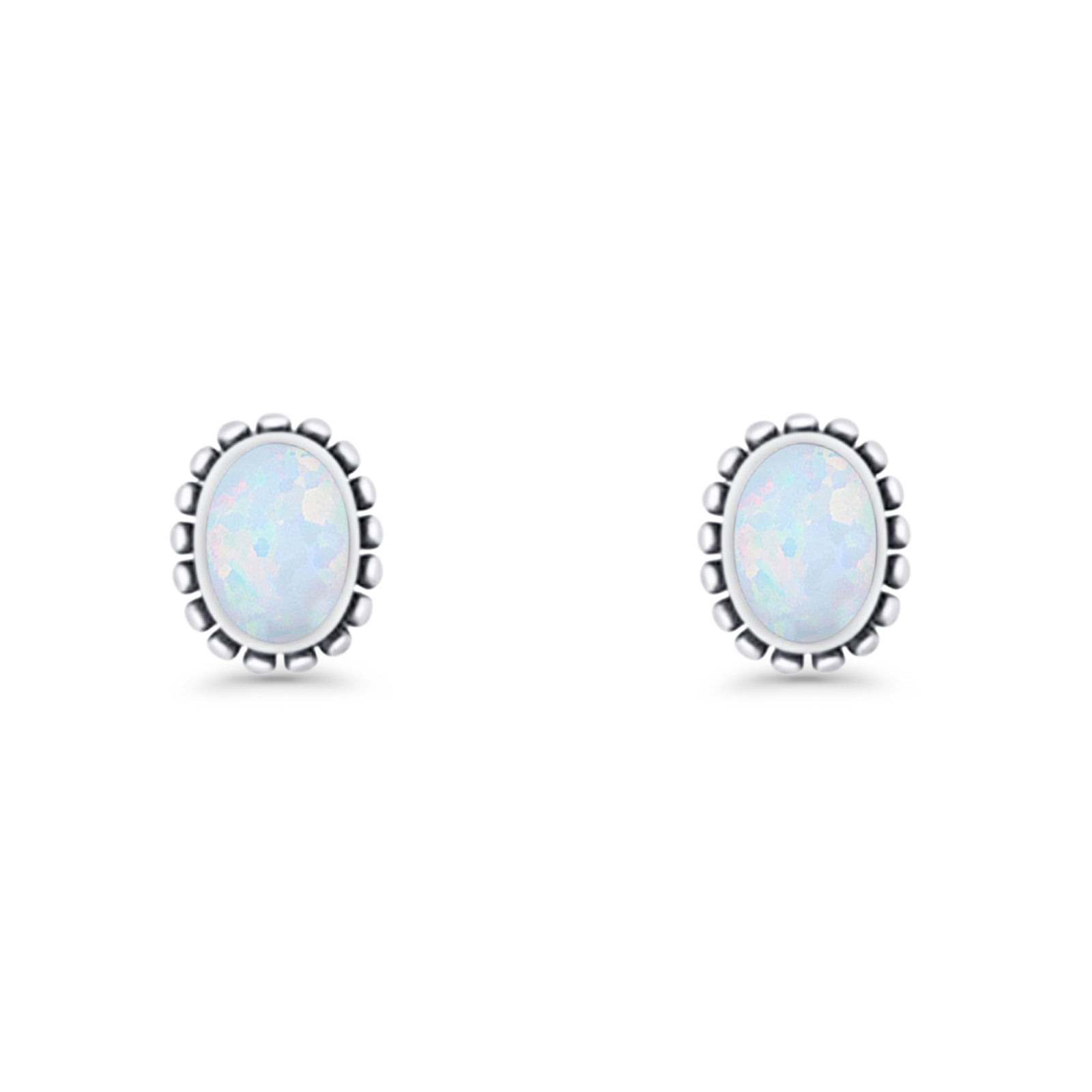 Oval Solitaire 6.8mm Beaded Stud Earring Lab Created White Opal 925 Sterling Silver Wholesale