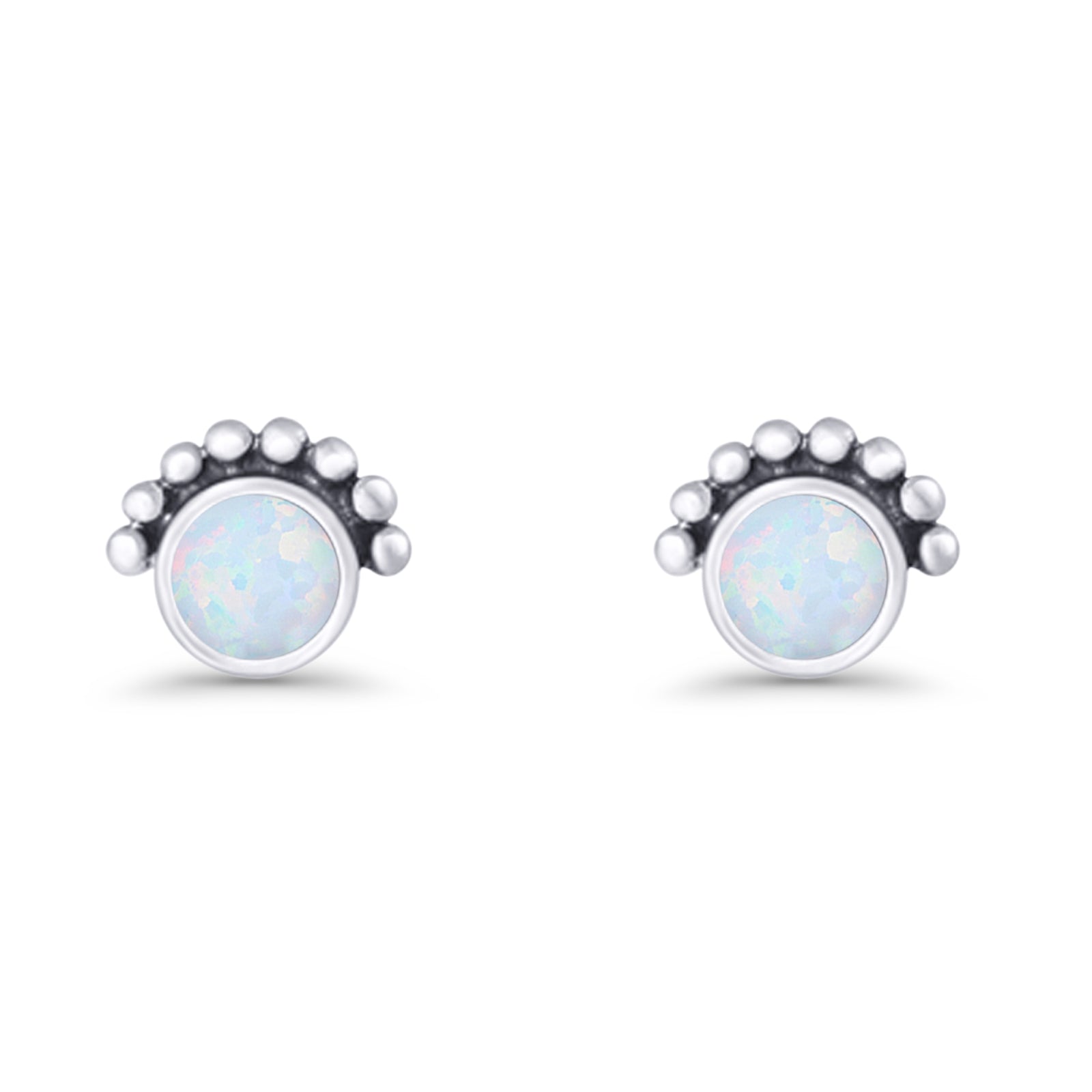 Round Solitaire Lab Created White Opal Oxidized Stud Earring Beaded 925 Sterling Silver Wholesale