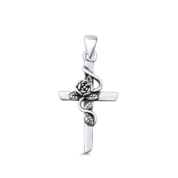 Rose Flower & Cross Pendant Oxidized 925 Sterling Silver Wholesale