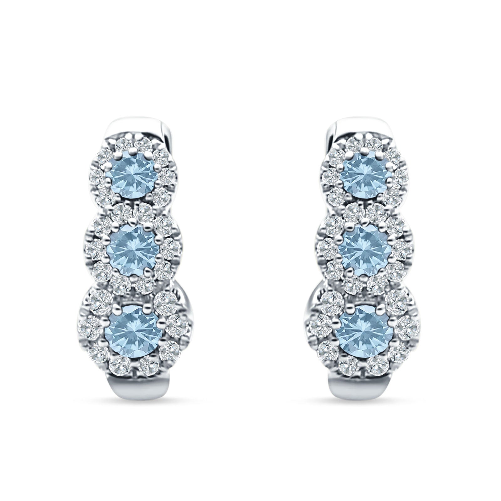 Three Round Halo Floral Hoop Earring Aquamarine CZ 925 Sterling Silver Wholesale