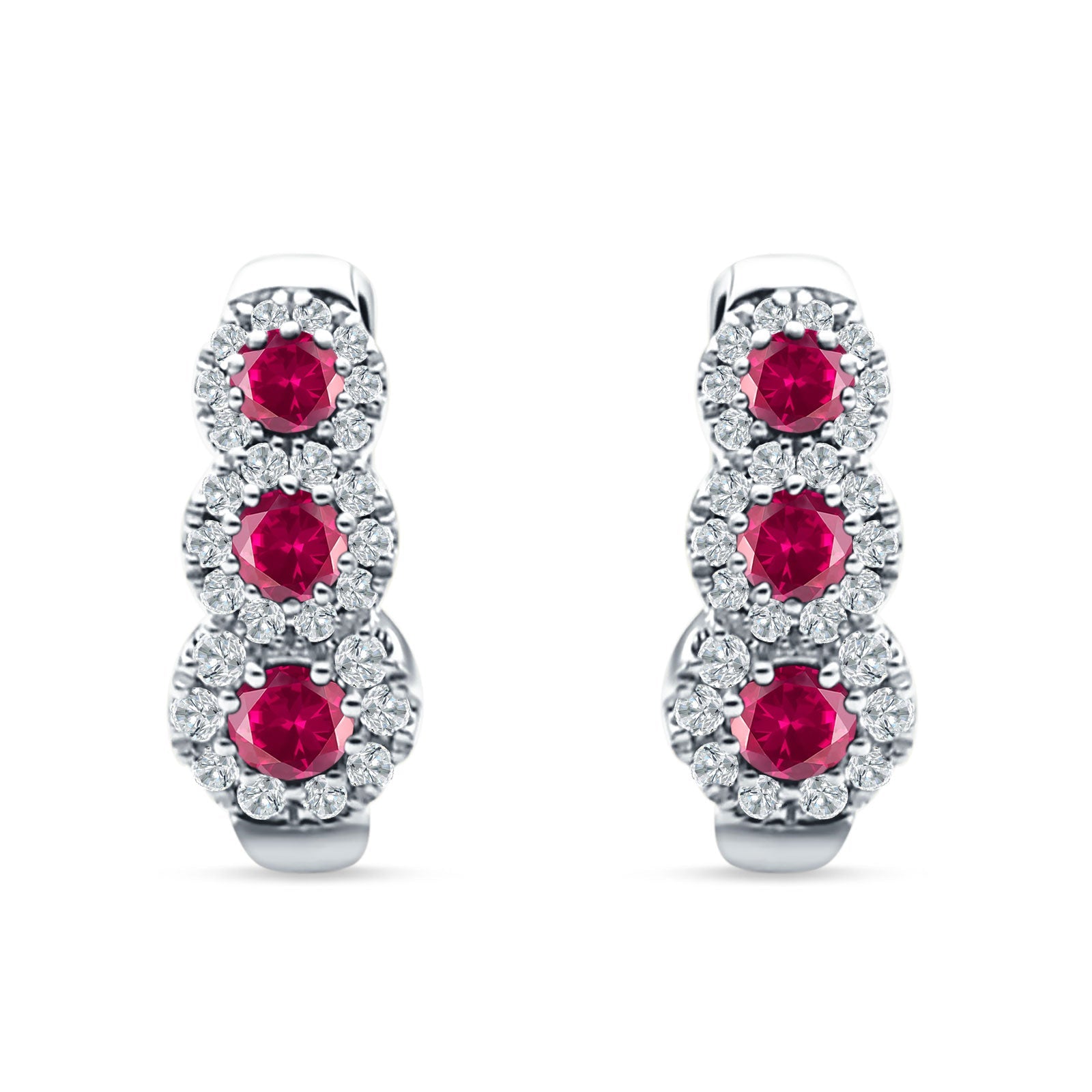 Three Round Halo Floral Hoop Earring Ruby CZ 925 Sterling Silver Wholesale
