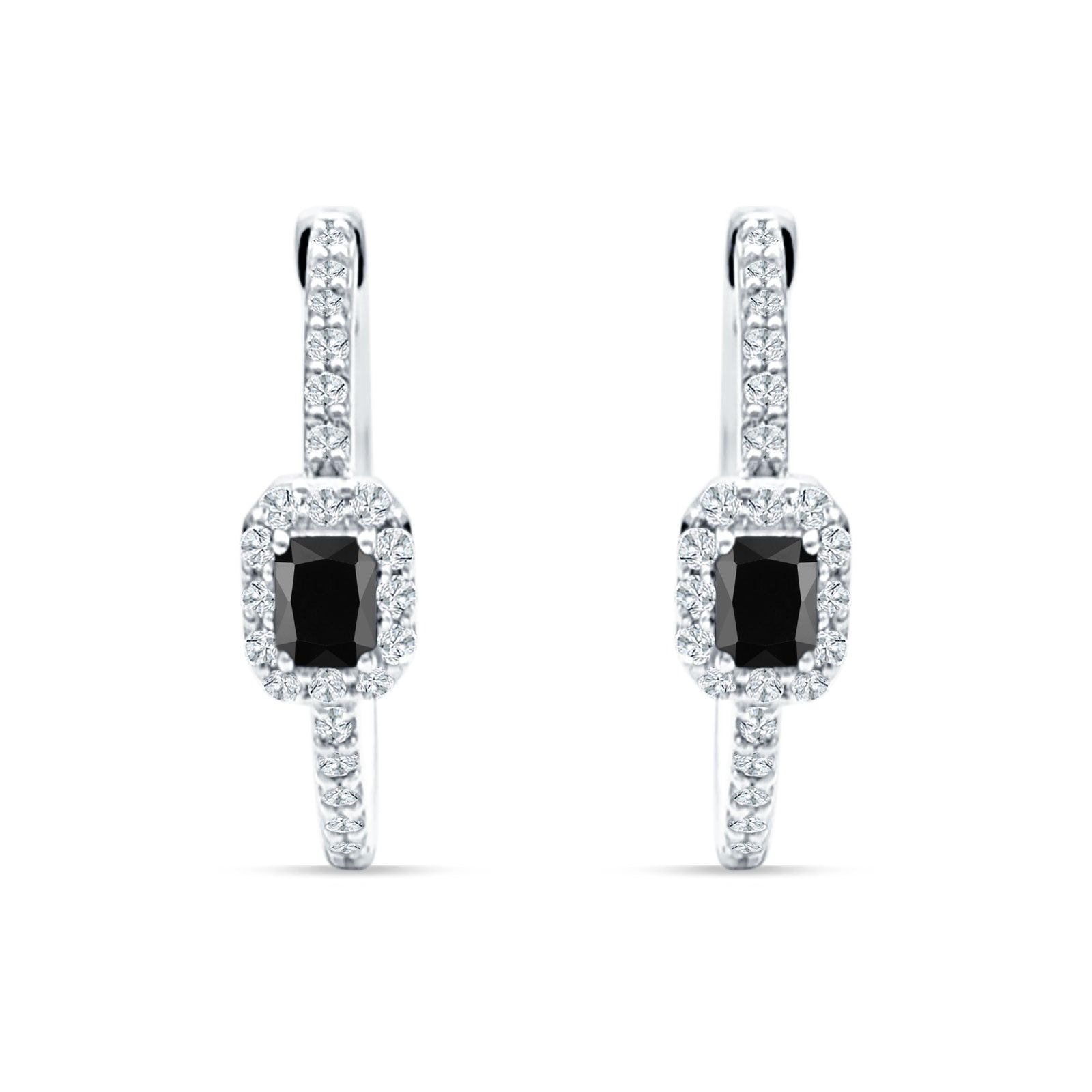Emerald Cut Halo Hoop Earring Black CZ 925 Sterling Silver