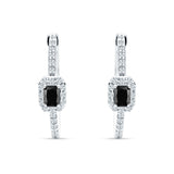 Emerald Cut Halo Hoop Earring Black CZ 925 Sterling Silver
