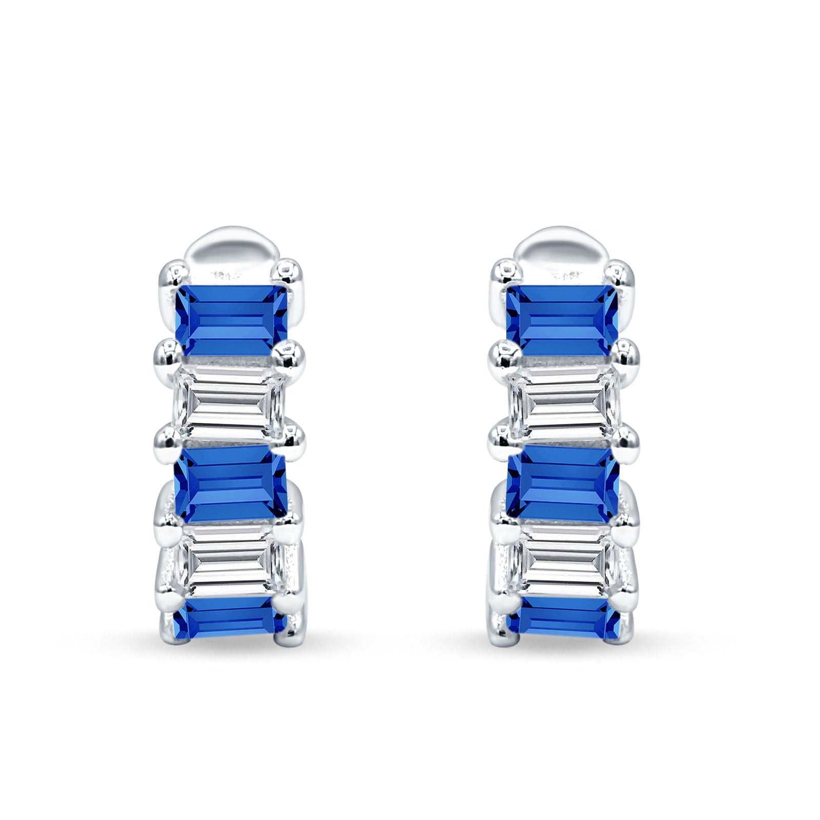 Minimalist Baguette Blue Sapphire CZ Huggie Hoop Earring Solid 925 Sterling Silver Wholesale