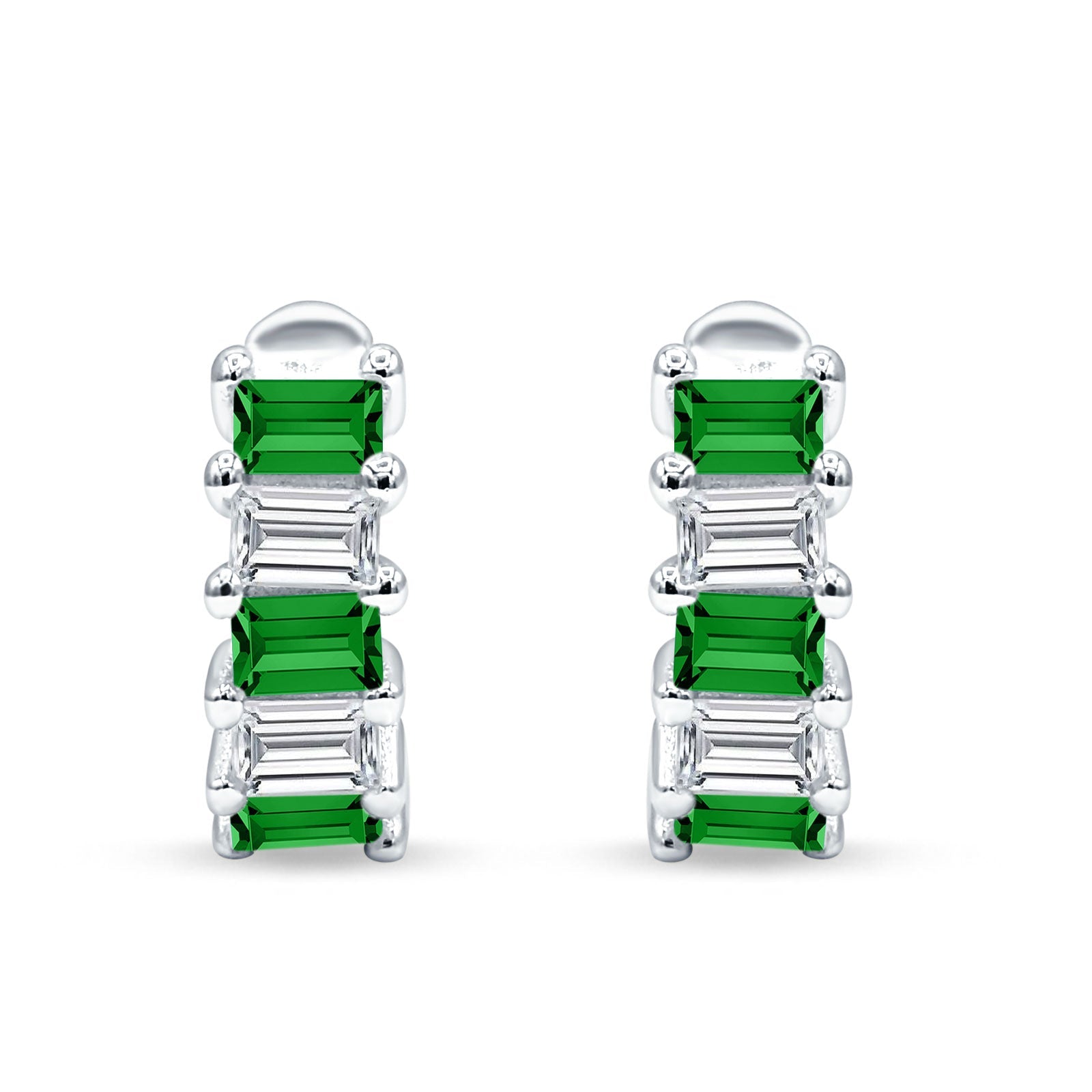 Minimalist Baguette Green Emerald CZ Huggie Hoop Earring Solid 925 Sterling Silver Wholesale
