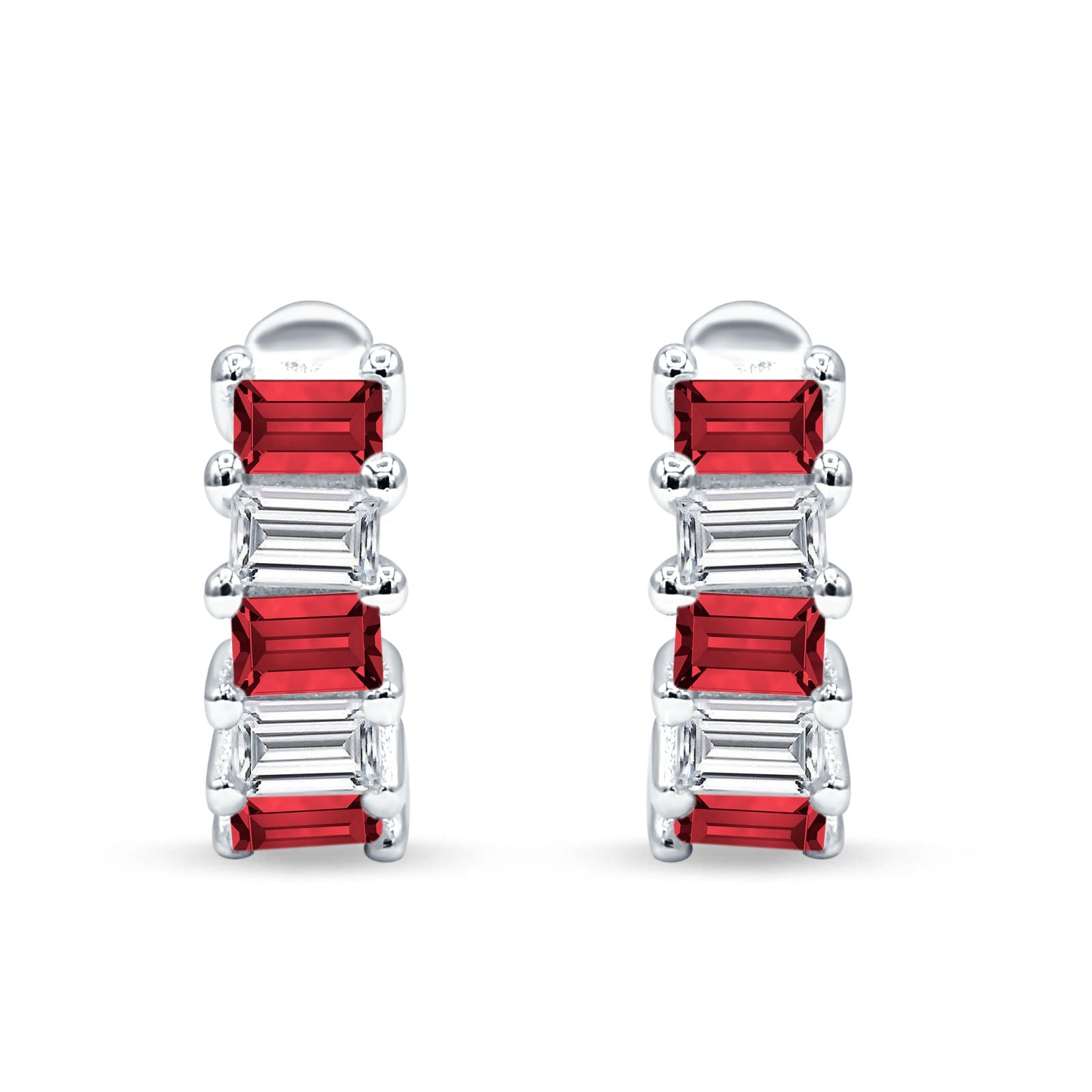 Minimalist Baguette Ruby CZ Huggie Hoop Earring Solid 925 Sterling Silver Wholesale