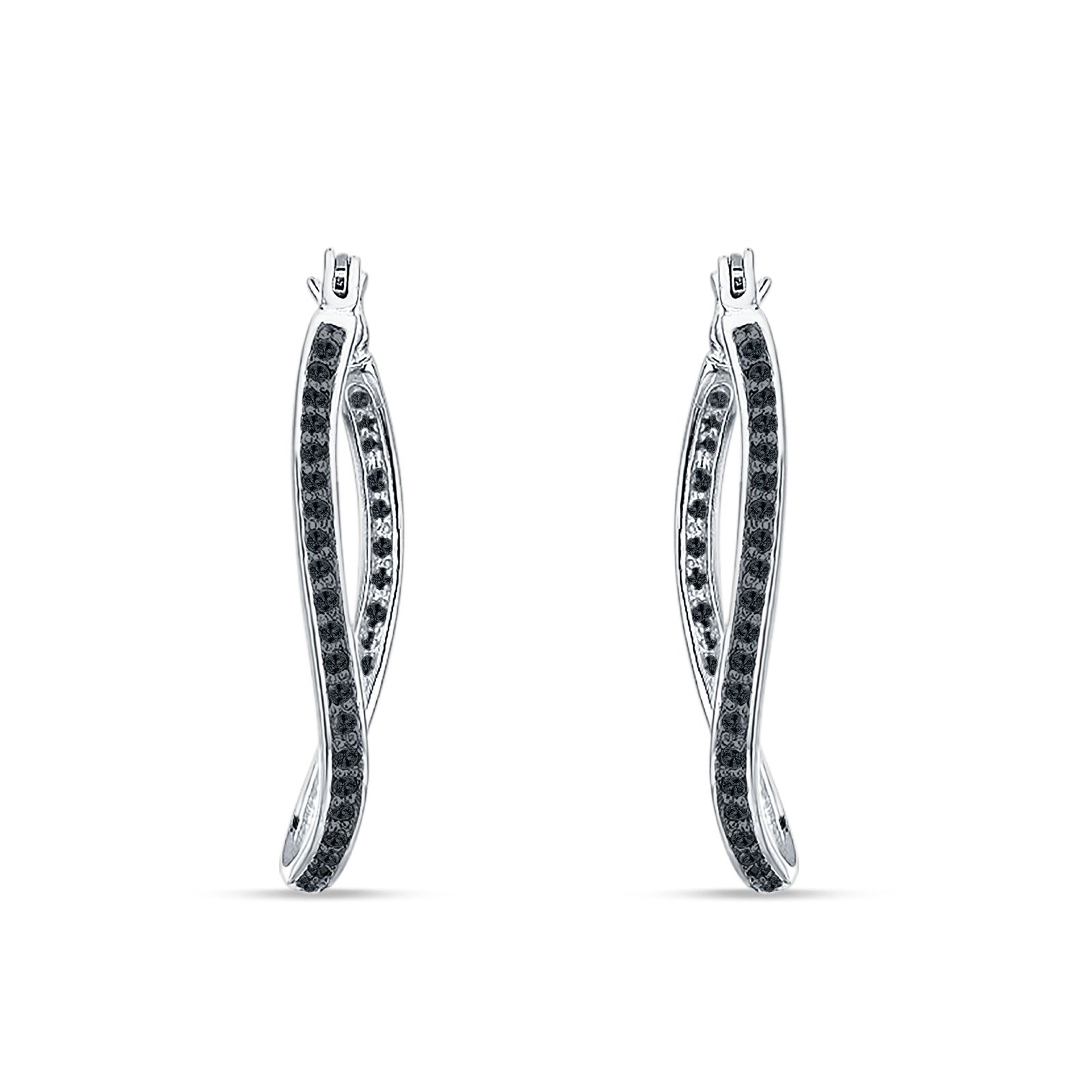 Curved Hoop Earrings Black CZ 925 Sterling Silver Wholesale