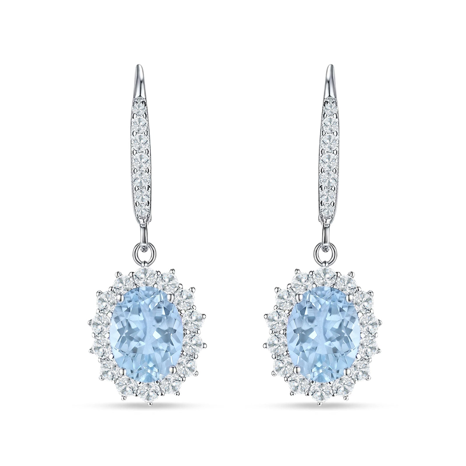 Oval Halo Flower Drop Dangle Leverback Earring Aquamarine CZ 925 Sterling Silver