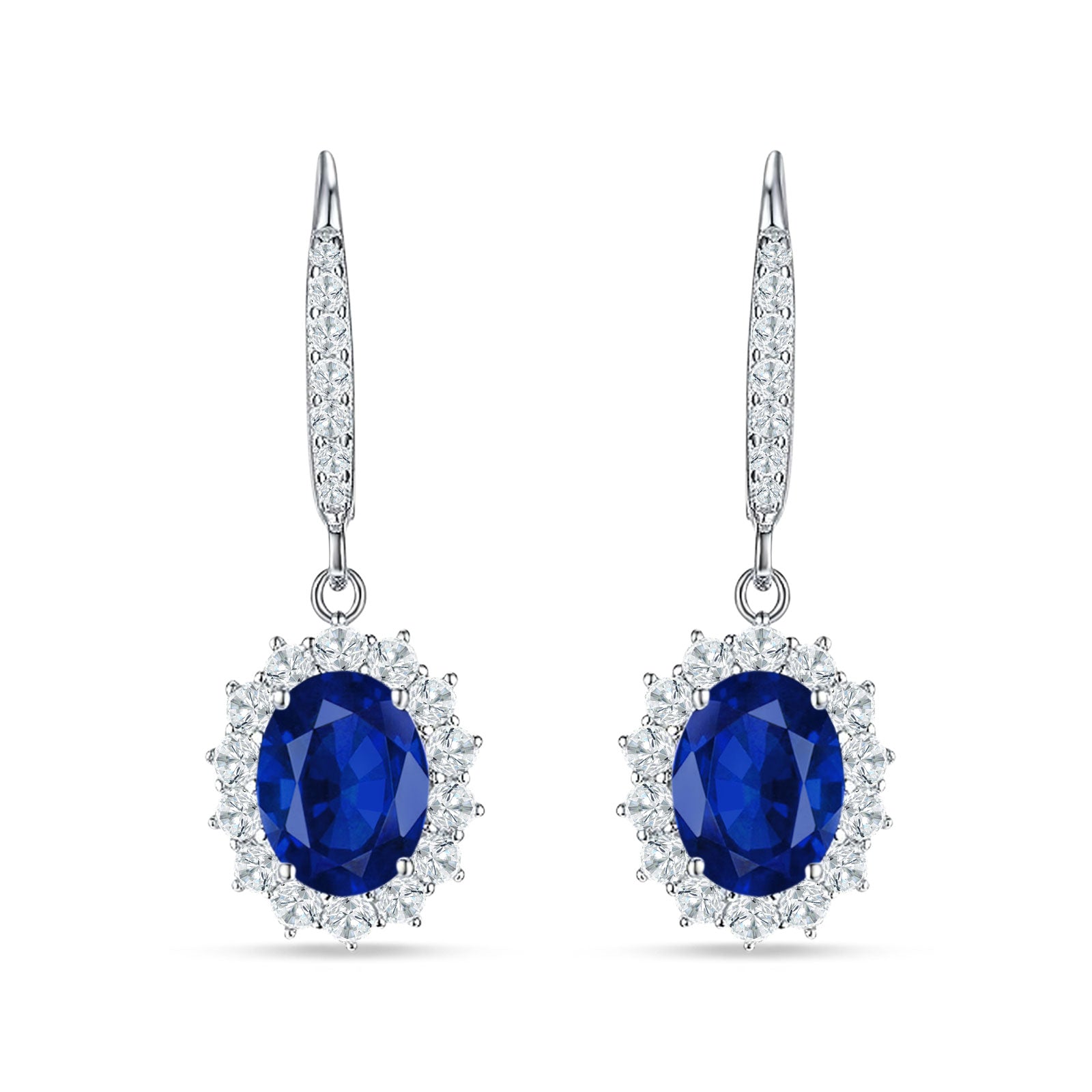 Oval Halo Flower Drop Dangle Leverback Earring Blue Sapphire CZ 925 Sterling Silver