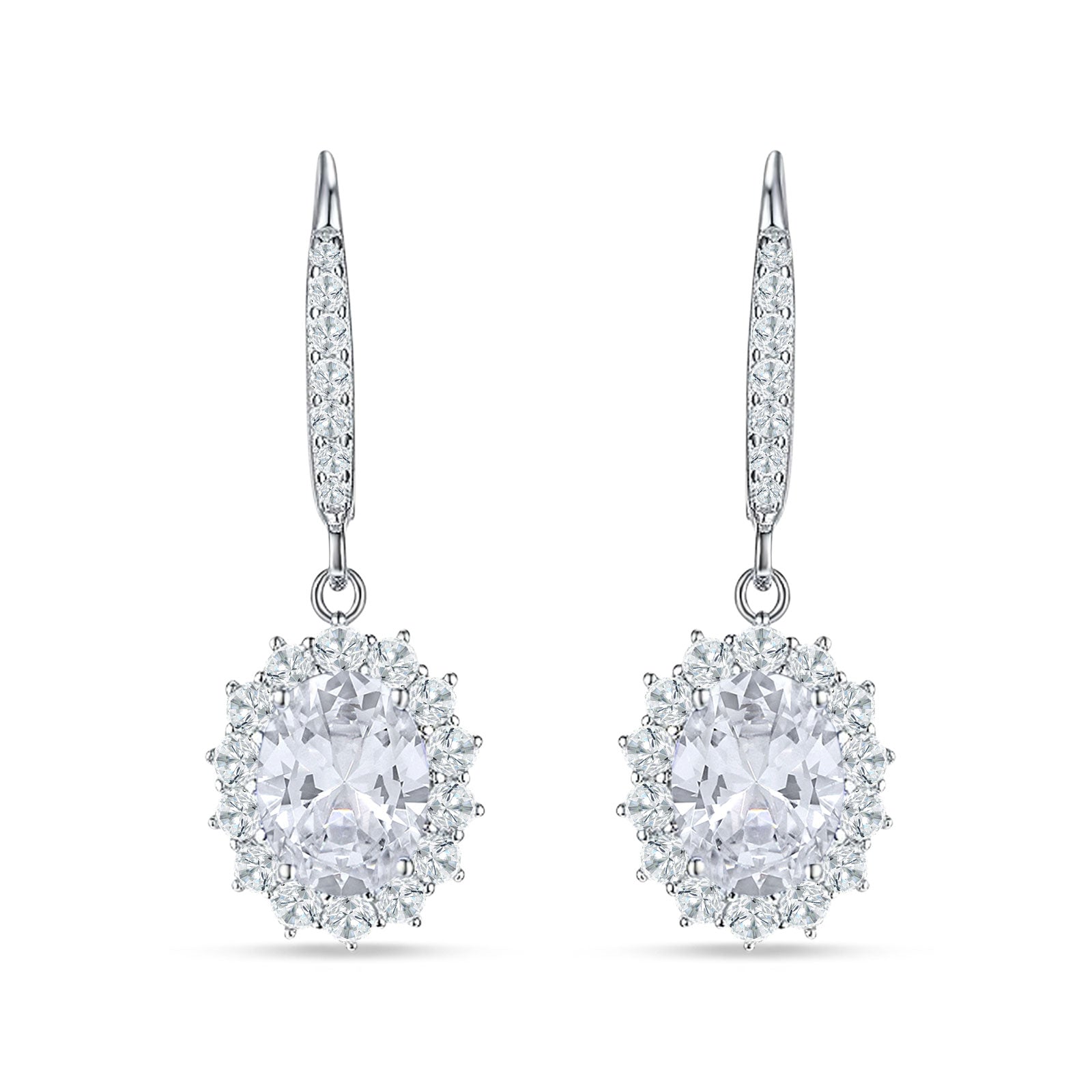 Oval Halo Flower Drop Dangle Leverback Earring Cubic Zirconia 925 Sterling Silver
