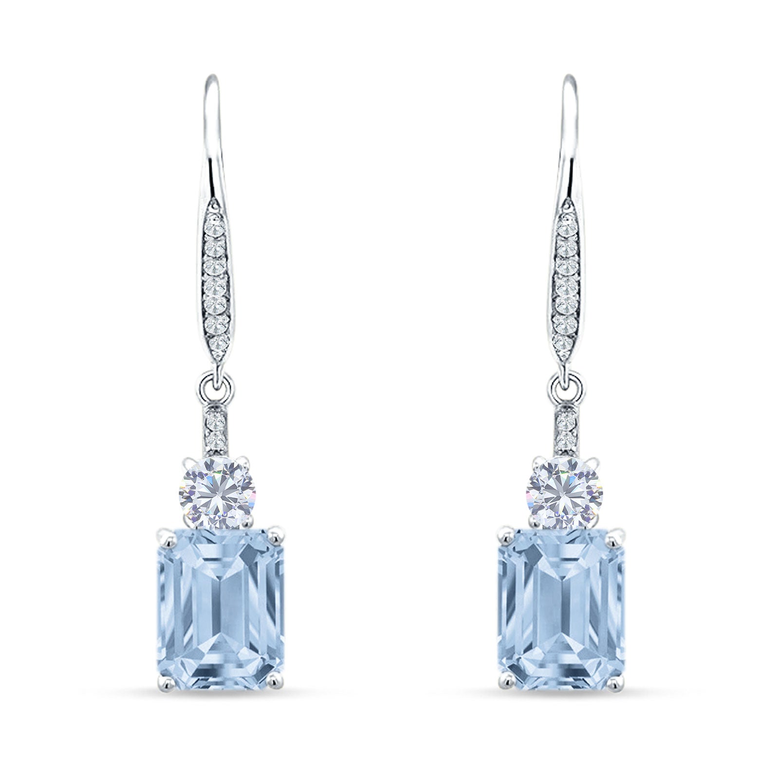 Emerald Cut Oblong Drop Dangle Leverback Earring Aquamarine CZ 925 Sterling Silver