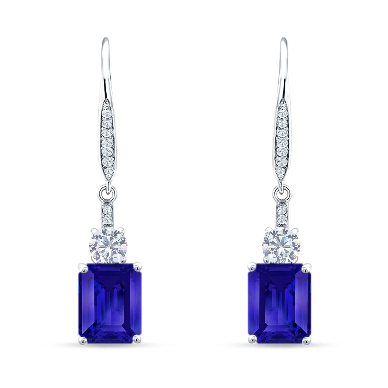 Emerald Cut Oblong Drop Dangle Leverback Earring Blue Sapphire CZ 925 Sterling Silver