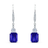 Emerald Cut Oblong Drop Dangle Leverback Earring Blue Sapphire CZ 925 Sterling Silver