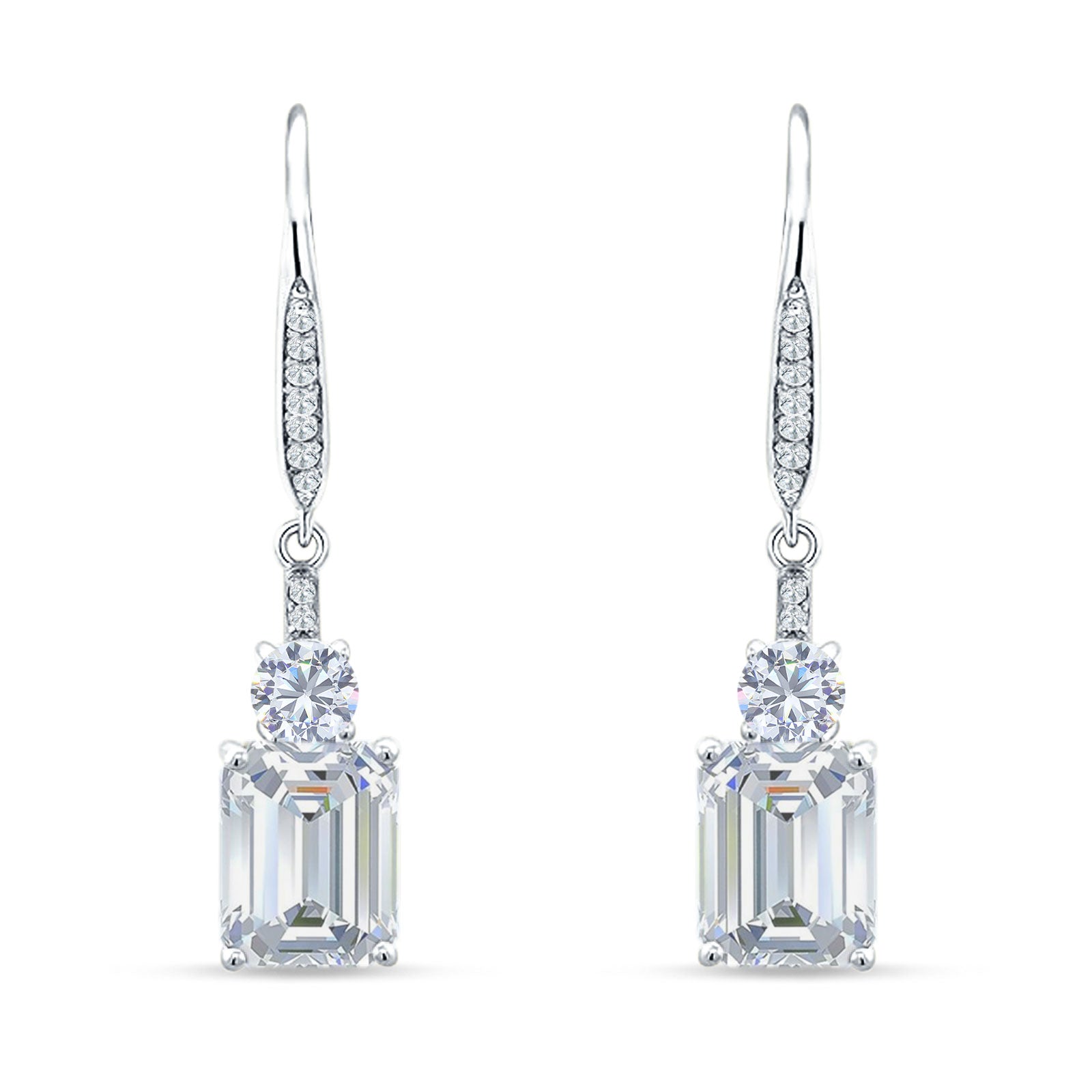 Emerald Cut Oblong Drop Dangle Leverback Earring Cubic Zirconia 925 Sterling Silver