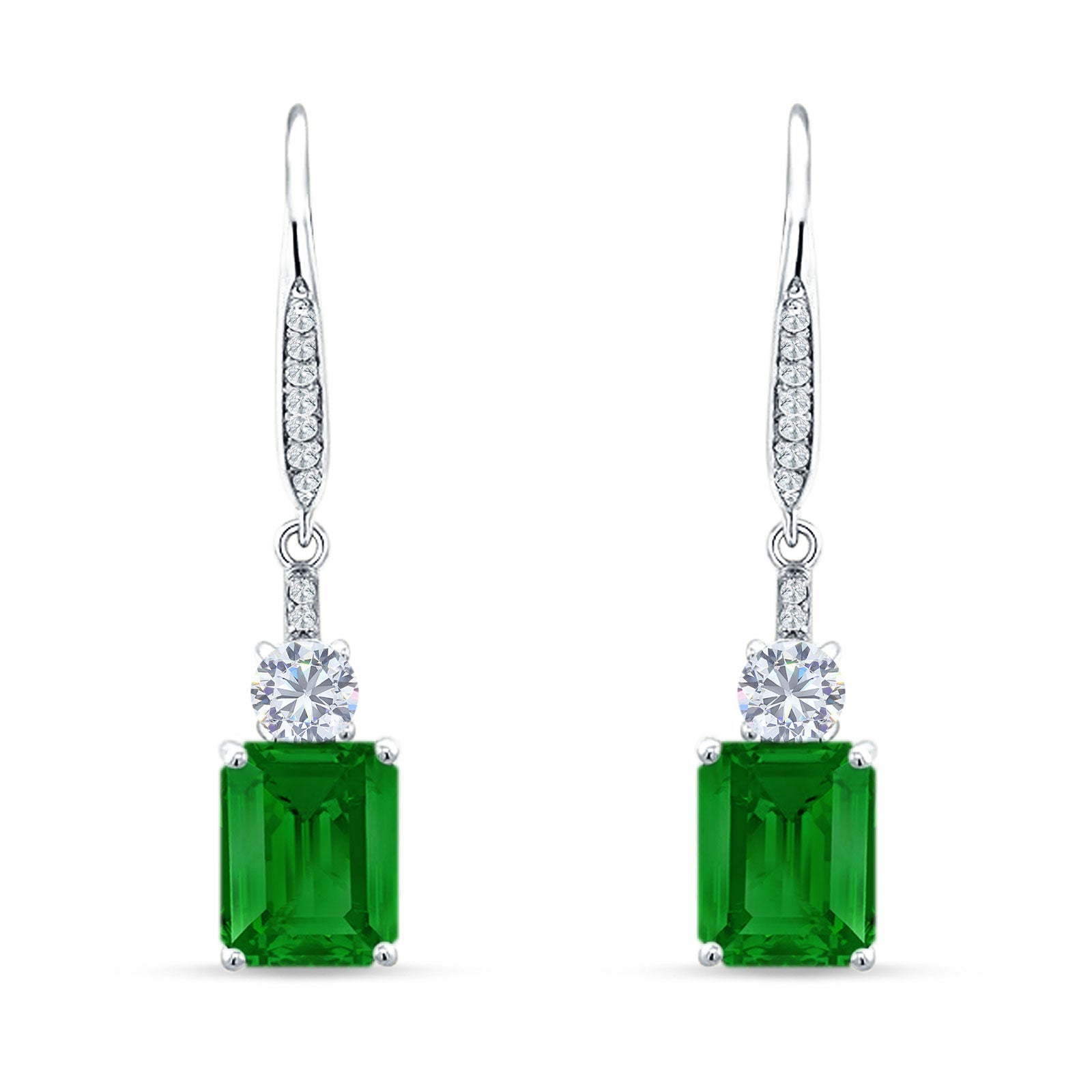 Emerald Cut Oblong Drop Dangle Leverback Earring Green Emerald CZ 925 Sterling Silver