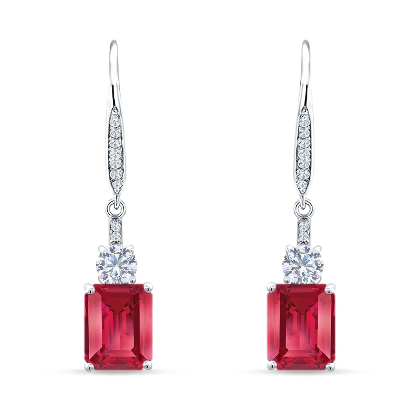 Emerald Cut Oblong Drop Dangle Leverback Earring Ruby CZ 925 Sterling Silver