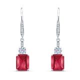 Emerald Cut Oblong Drop Dangle Leverback Earring Ruby CZ 925 Sterling Silver