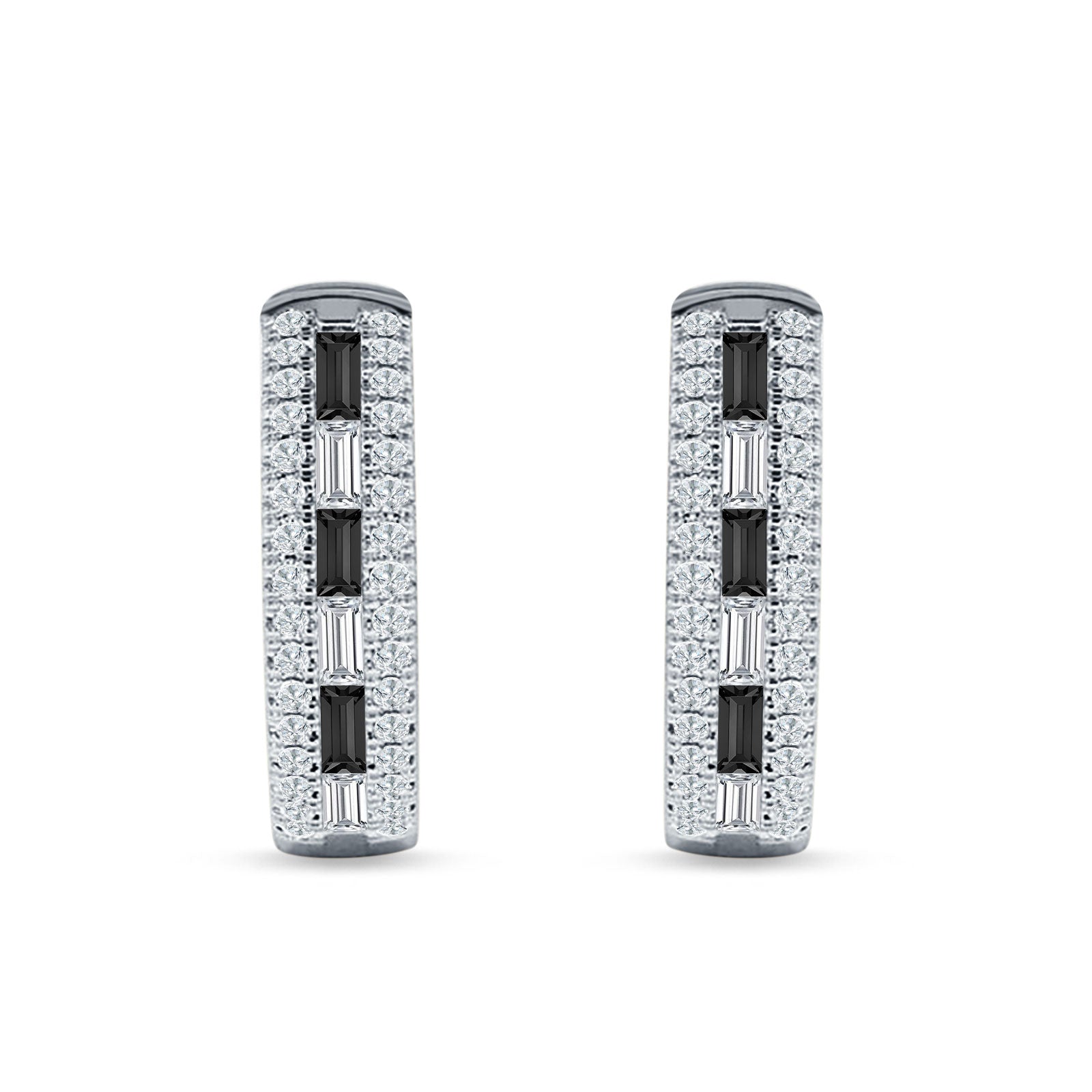 Round & Baguette Black CZ Huggie Hoop Earring 925 Sterling Silver Wholesale