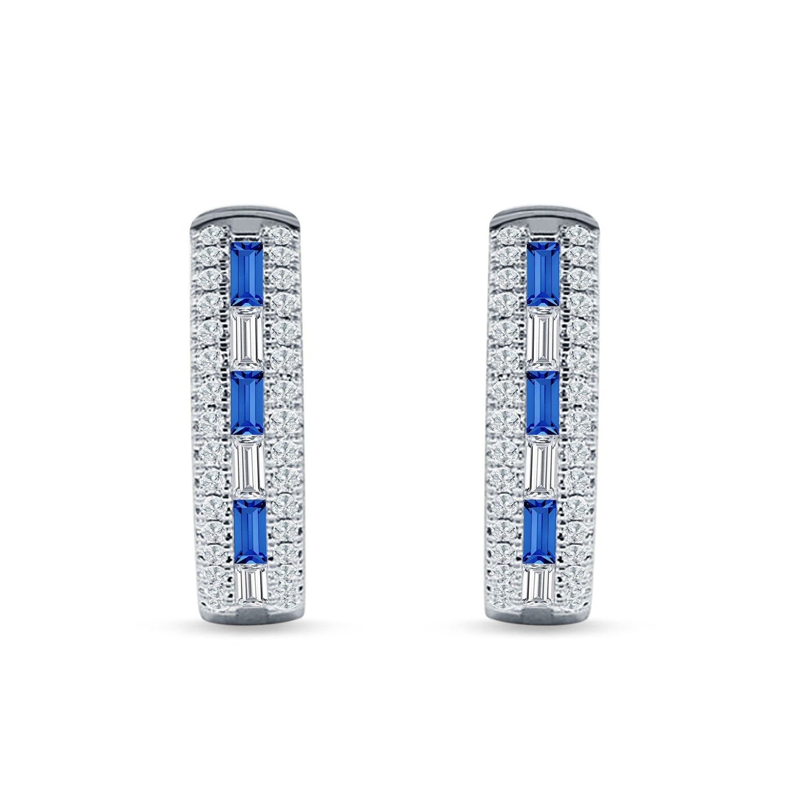 Round & Baguette Blue Sapphire CZ Huggie Hoop Earring 925 Sterling Silver Wholesale