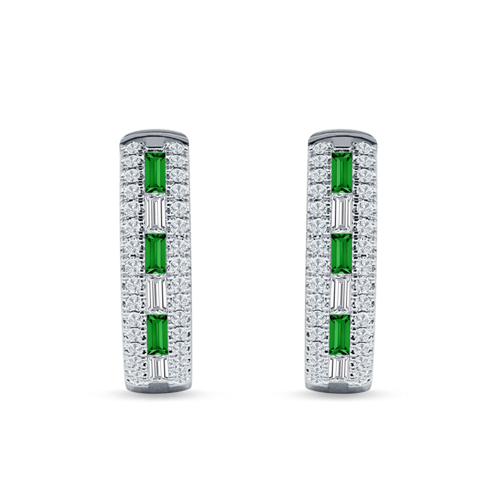 Round & Baguette Green Emerald CZ Huggie Hoop Earring 925 Sterling Silver Wholesale
