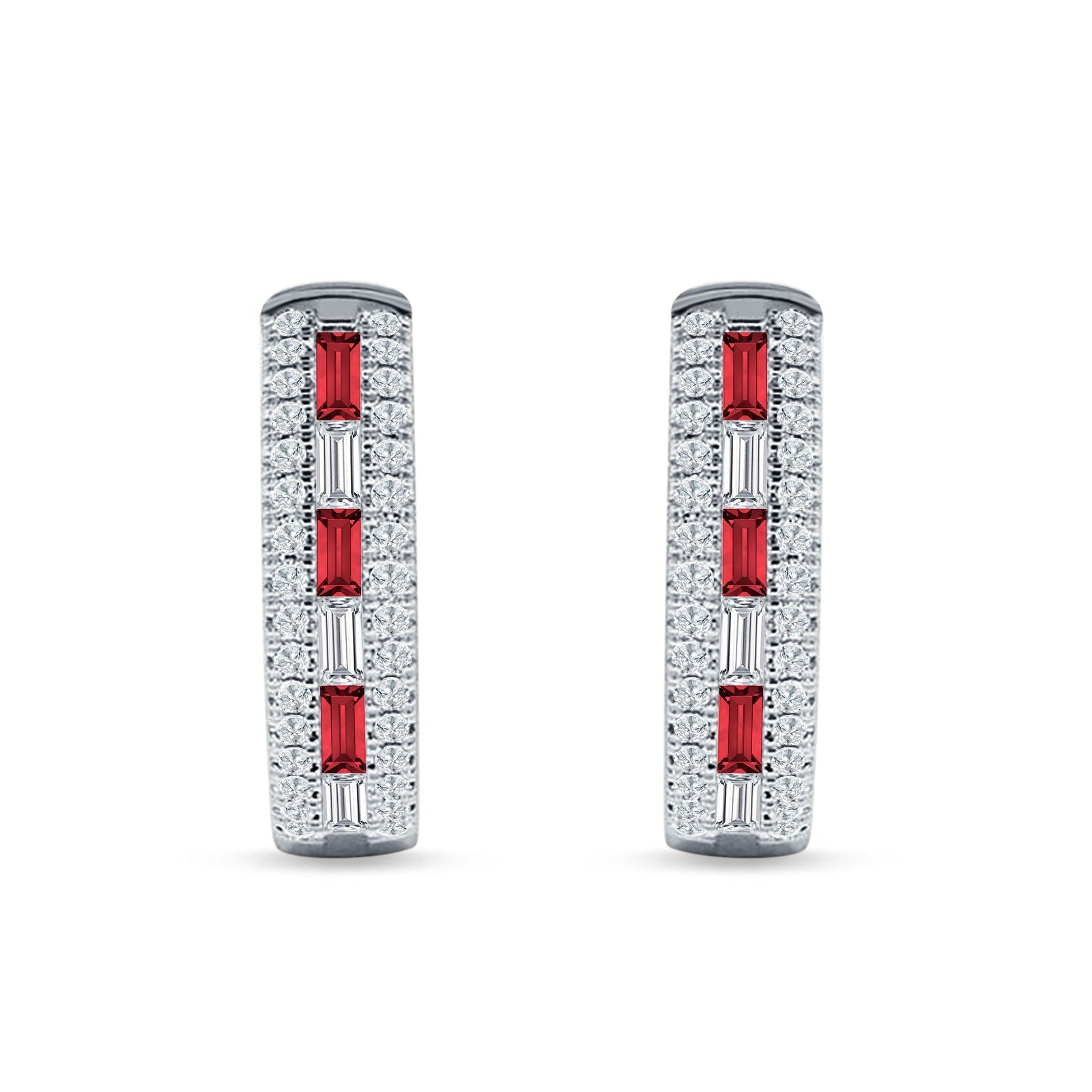 Round & Baguette Ruby CZ Huggie Hoop Earring 925 Sterling Silver Wholesale